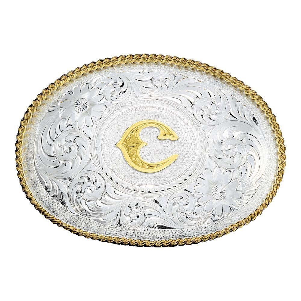 5806 Initial Silver Engraved Gold Trim Western Belt Buckle C